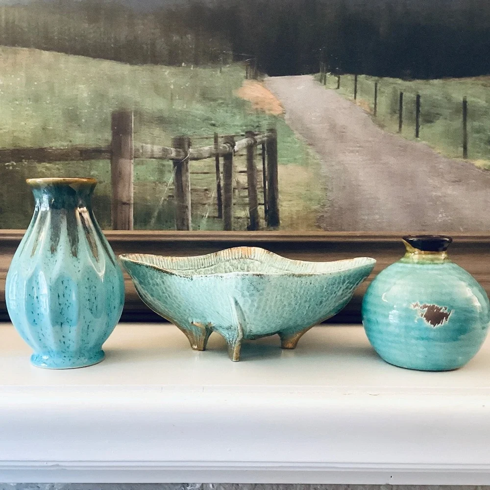 Turquoise Ceramics Set Of 3 Mixed Pieces Vases Square Bowl Home Accents Decor - Picture 3 of 12